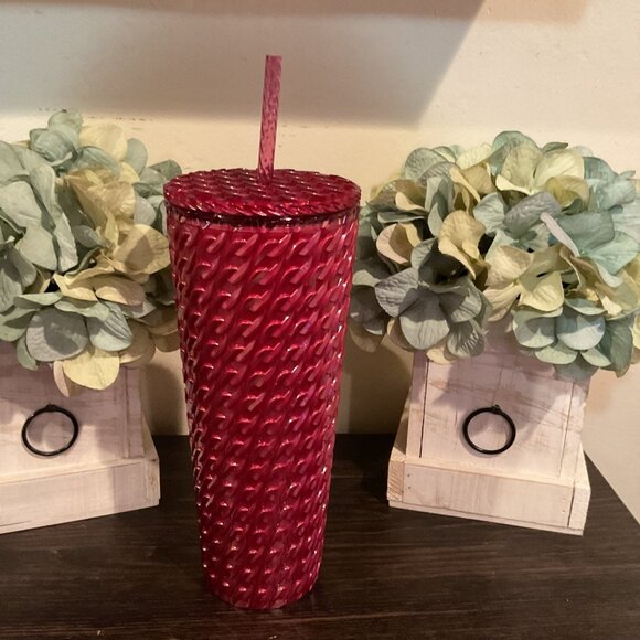 Starbucks Red Textured Reusable Tumbler With Lid & Straw 24 Oz Limited Edition - Picture 2 of 5